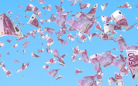 Flying euro banknotes against the sky background. Money is flying in the air. 500 EURO in color. 3D illustrationの写真素材