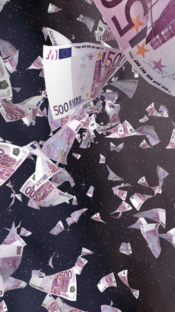 Flying euro banknotes on a outer space starry background. Money flying in the outer space. 500 EURO in color. Vertical orientation. 3D illustrationの写真素材