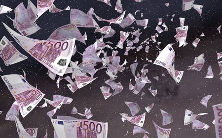 Flying euro banknotes on a outer space starry background. Money flying in the outer space. 500 EURO in color. 3D illustrationの写真素材
