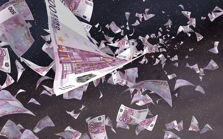 Flying euro banknotes on a outer space starry background. Money flying in the outer space. 500 EURO in color. 3D illustrationの写真素材