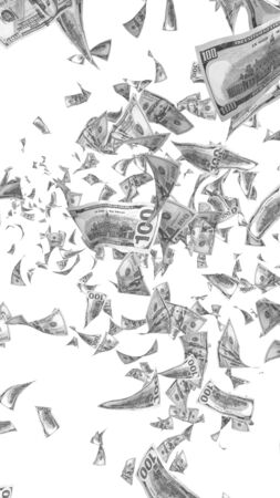 Flying dollars banknotes isolated on white background. Money is flying in the air. 100 US banknotes new sample. Black and white style. 3D illustrationの写真素材
