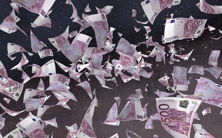 Flying euro banknotes on a outer space starry background. Money flying in the outer space. 500 EURO...