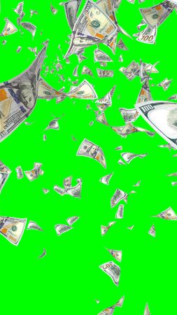 Flying dollars banknotes isolated on chromakey. Money is flying in the air. 100 US banknotes new sample. Vertical orientation. 3D illustrationの写真素材