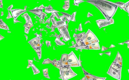 Flying dollars banknotes isolated on chromakey. Money is flying in the air. 100 US banknotes new sample. 3D illustrationの写真素材