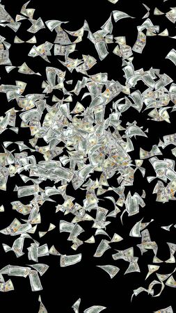 Flying dollars banknotes isolated on dark background. Money is flying in the air. 100 US banknotes new sample. 3D illustrationの写真素材