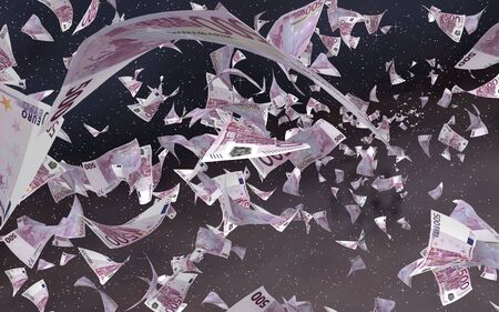 Flying euro banknotes on a outer space starry background. Money flying in the outer space. 500 EURO in color. 3D illustrationの写真素材
