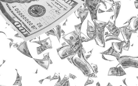 Flying dollars banknotes isolated on white background. Money is flying in the air. 100 US banknotes...