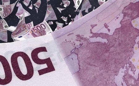 Flying euro banknotes on a outer space starry background. Money flying in the outer space. 500 EURO in color. 3D illustrationの写真素材