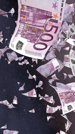 Flying euro banknotes on a outer space starry background. Money flying in the outer space. 500 EURO in color. Vertical orientation. 3D illustrationの写真素材