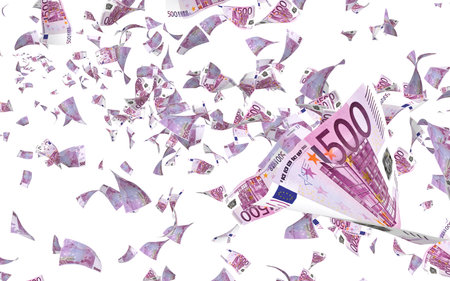 Flying euro banknotes isolated on a white background. Money is flying in the air. 500 EURO in color....