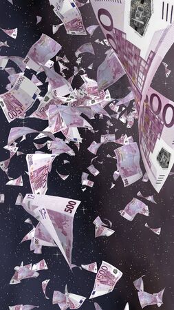 Flying euro banknotes on a outer space starry background. Money flying in the outer space. 500 EURO in color. Vertical orientation. 3D illustrationの写真素材
