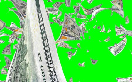Flying dollars banknotes isolated on chromakey. Money is flying in the air. 100 US banknotes new sample. 3D illustrationの写真素材