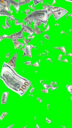 Flying dollars banknotes isolated on chromakey. Money is flying in the air. 100 US banknotes new sample. Vertical orientation. 3D illustrationの写真素材
