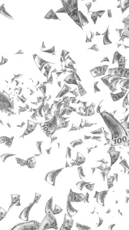 Flying dollars banknotes isolated on white background. Money is flying in the air. 100 US banknotes new sample. Black and white style. 3D illustrationの写真素材