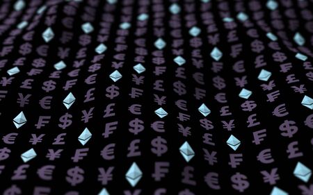 Ethereum crystal and currency on a dark background. Digital crypto currency symbol. Business concept. Market Display. 3D illustrationの写真素材