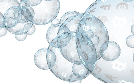 Bitcoin economic financial bubble. crypto currency 3D illustration. Business concept. Blue bubbles...