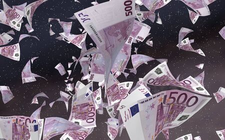 Flying euro banknotes on a outer space starry background. Money flying in the outer space. 500 EURO in color. 3D illustrationの写真素材