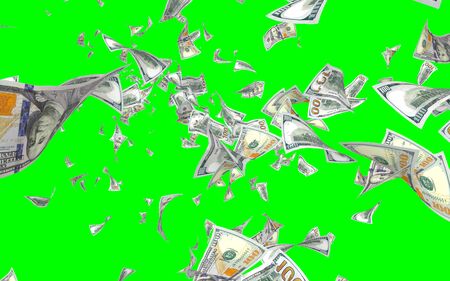 Flying dollars banknotes isolated on chromakey. Money is flying in the air. 100 US banknotes new sample. 3D illustrationの写真素材
