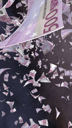 Flying euro banknotes on a outer space starry background. Money flying in the outer space. 500 EURO...