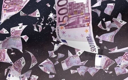 Flying euro banknotes on a outer space starry background. Money flying in the outer space. 500 EURO in color. 3D illustrationの写真素材
