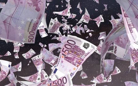 Flying euro banknotes on a outer space starry background. Money flying in the outer space. 500 EURO in color. 3D illustrationの写真素材
