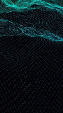 Abstract landscape background. Cyberspace green grid. hi tech network. 3D illustration. Vertical orientationの写真素材