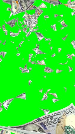 Flying dollars banknotes isolated on chromakey. Money is flying in the air. 100 US banknotes new sample. Vertical orientation. 3D illustrationの写真素材