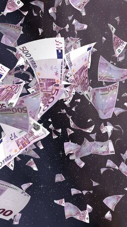 Flying euro banknotes on a outer space starry background. Money flying in the outer space. 500 EURO in color. Vertical orientation. 3D illustrationの写真素材