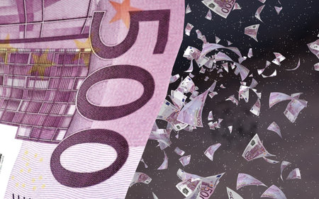 Flying euro banknotes on a outer space starry background. Money flying in the outer space. 500 EURO...