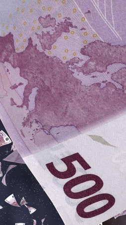 Flying euro banknotes on a outer space starry background. Money flying in the outer space. 500 EURO...