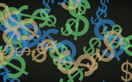 Multicolored translucent dollar signs on dark background. 3D illustrationの写真素材