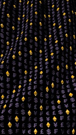 Ethereum classic and currency on a dark background. Digital crypto symbol. Currency wave effect, market fluctuations. Business concept. 3D illustrationの写真素材