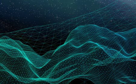 Abstract landscape on a dark background. Cyberspace grid. hi tech network. Outer space. Starry outer...