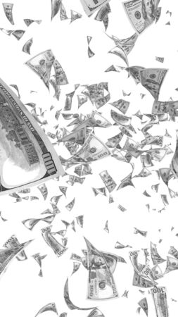 Flying dollars banknotes isolated on white background. Money is flying in the air. 100 US banknotes new sample. Black and white style. 3D illustrationの写真素材