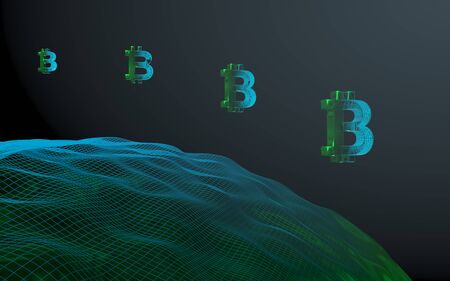 Digital currency symbol Bitcoin on abstract dark background. Drop of the crypto currency market. Business, finance and technology concept. 3D illustrationの写真素材