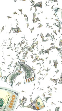 Flying dollars banknotes isolated on white background. Money is flying in the air. 100 US banknotes new sample. 3D illustrationの写真素材
