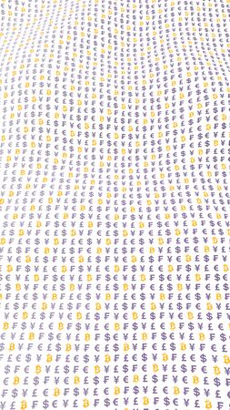 Bitcoin and currency on a white background. Digital crypto symbol. Currency bubble, wave effect, market fluctuations. Business concept. 3D illustrationの写真素材