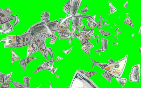 Flying dollars banknotes isolated on chromakey. Money is flying in the air. 100 US banknotes new sample. 3D illustrationの写真素材