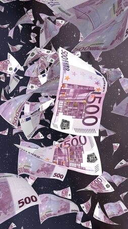 Flying euro banknotes on a outer space starry background. Money flying in the outer space. 500 EURO in color. Vertical orientation. 3D illustrationの写真素材