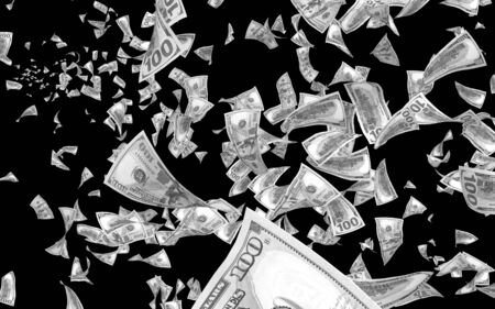 Flying dollars banknotes isolated on dark background. Money is flying in the air. 100 US banknotes new sample. Black and white style. 3D illustrationの写真素材