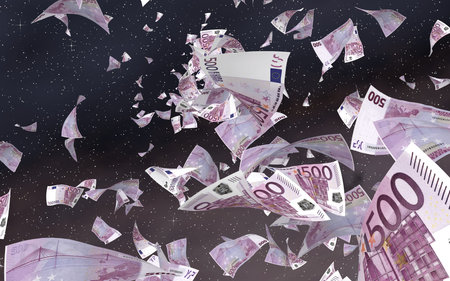 Flying euro banknotes on a outer space starry background. Money flying in the outer space. 500 EURO in color. 3D illustrationの写真素材
