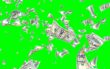 Flying dollars banknotes isolated on chromakey. Money is flying in the air. 100 US banknotes new sample. 3D illustrationの写真素材