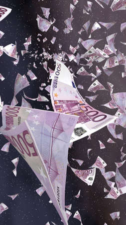 Flying euro banknotes on a outer space starry background. Money flying in the outer space. 500 EURO in color. Vertical orientation. 3D illustrationの写真素材