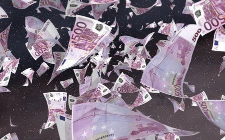Flying euro banknotes on a outer space starry background. Money flying in the outer space. 500 EURO in color. 3D illustrationの写真素材