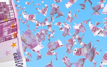 Flying euro banknotes against the sky background. Money is flying in the air. 500 EURO in color. 3D illustrationの写真素材