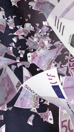 Flying euro banknotes on a outer space starry background. Money flying in the outer space. 500 EURO in color. Vertical orientation. 3D illustrationの写真素材