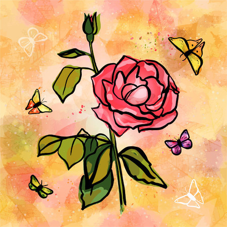 Freehand vector post card with watercolor drawing of rose branch with pink flower, bud, and green leaves, splashes of paint, butterflies, on the background of golden yellow skeleton leavesのイラスト素材