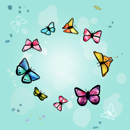 A border of freehand watercolour butterflies, turquoise, pink, purple, and yellow, on a teal blue background with copyspace and splashes of paint. Scalable vector drawingのイラスト素材