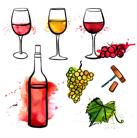 A set of vector and watercolor freehand drawings of glasses of red, white, and rose wine, with grapes and splashes of paint, bottle, corkscrew, and vine leaf, on white backgroundのイラスト素材