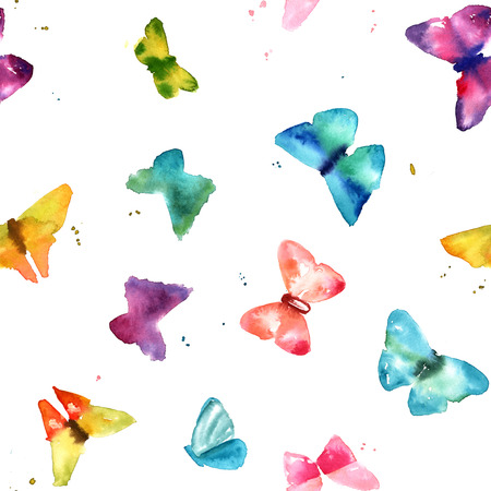 A seamless pattern with abstract freehand watercolour butterflies in teal blue, pink, purple, and yellow, on white backgroundの写真素材